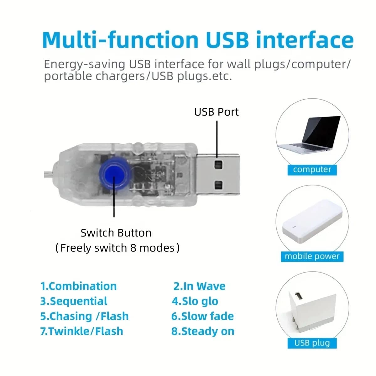 USB LED 폭포 줄 조명, 웜화이트 및 멀티컬러